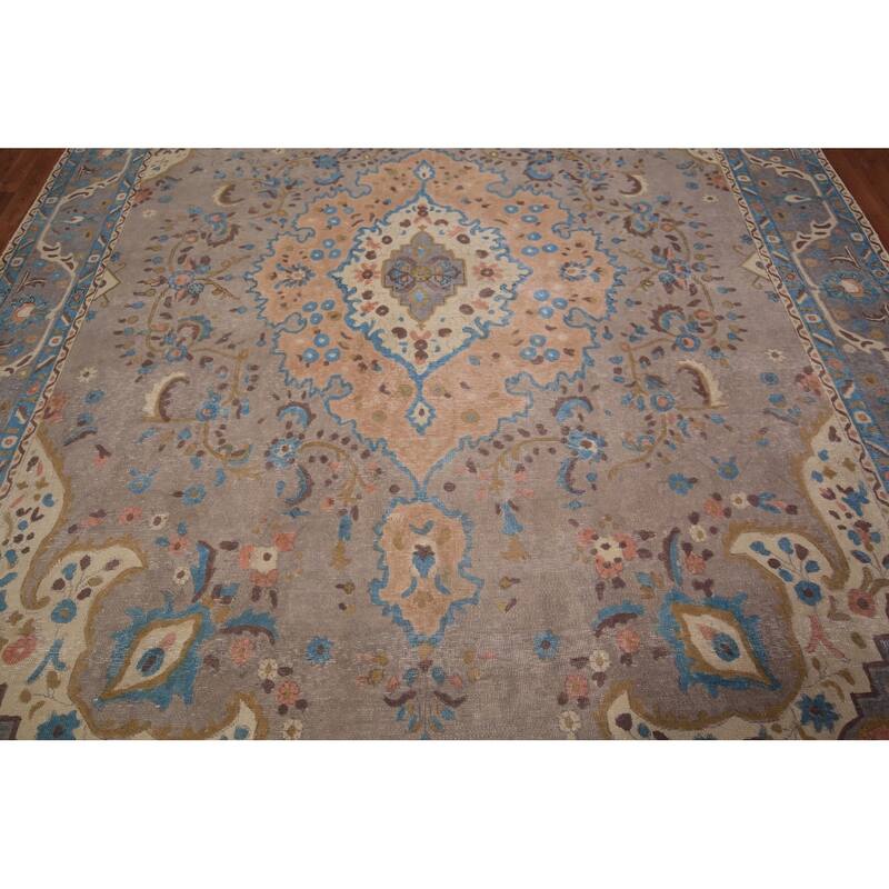 Overdyed Gray Tabriz Persian Vintage Area Rug Handmade Wool Carpet - 9'8" x 12'7"