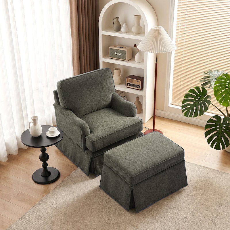 Skirted Swivel Accent Nailhead Barrel Chair With Storage Ottoman Set