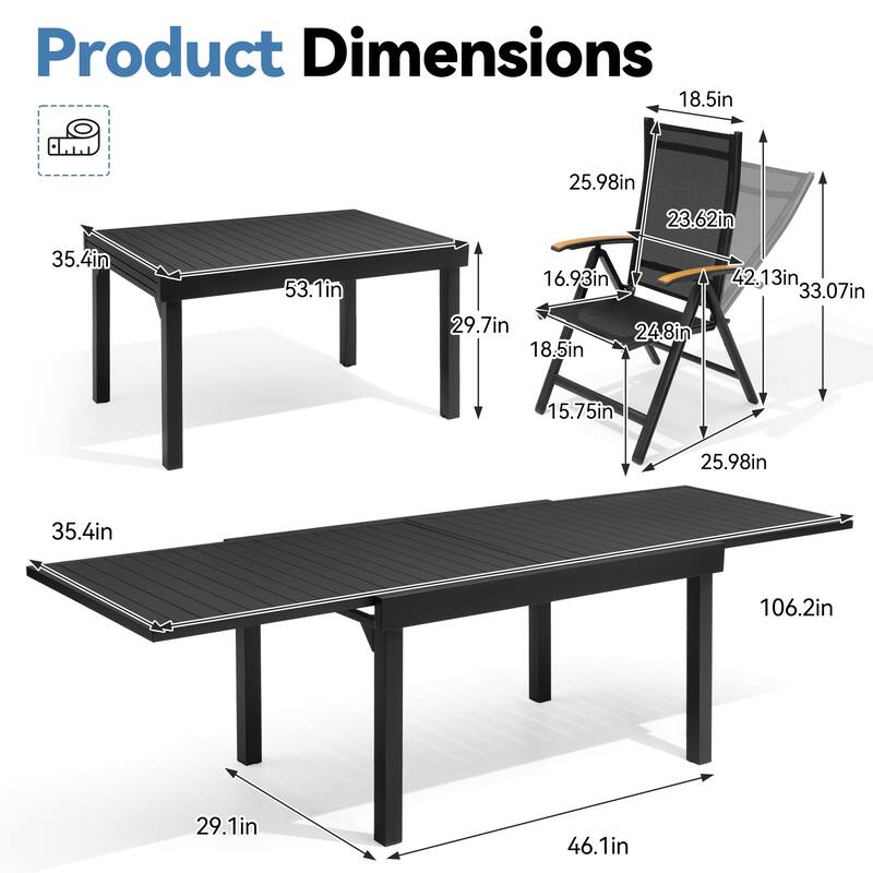 VredHom 11PC Outdoor Patio Aluminum Expandable Rectangle Dining Set Table with Folding Chairs