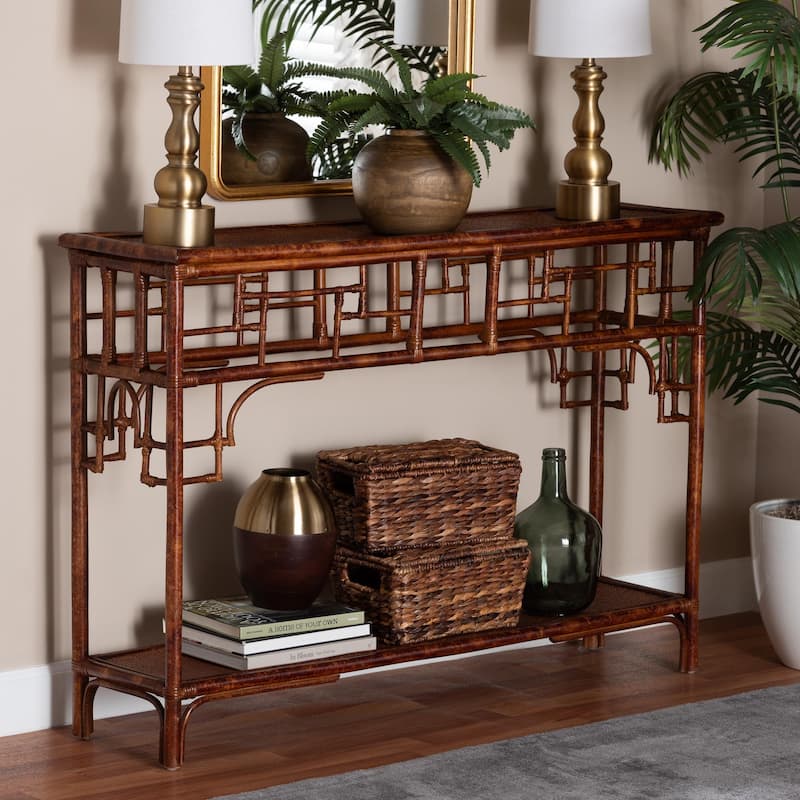 Sebalio Tortoise Natural Rattan Console Table with Shelf - Vintage Style Table for Entryway, Hallway or Coastal Living Space