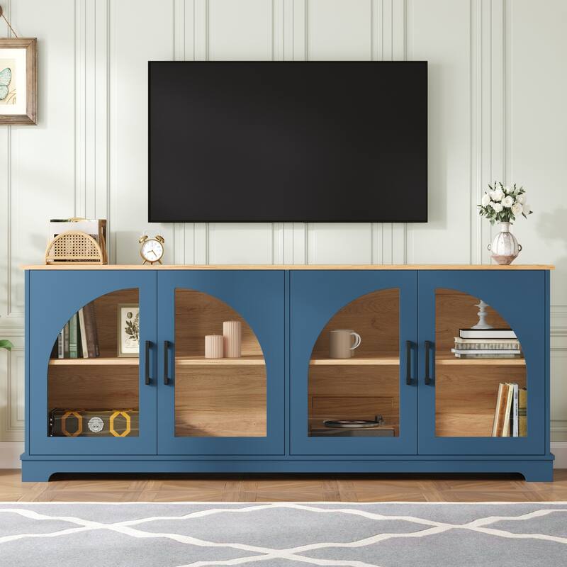 Farmhouse TV Stand for TVs up to 70" with Semi-Arched Glass Doors, Two-Tone Media Console with Adjustable Shelves