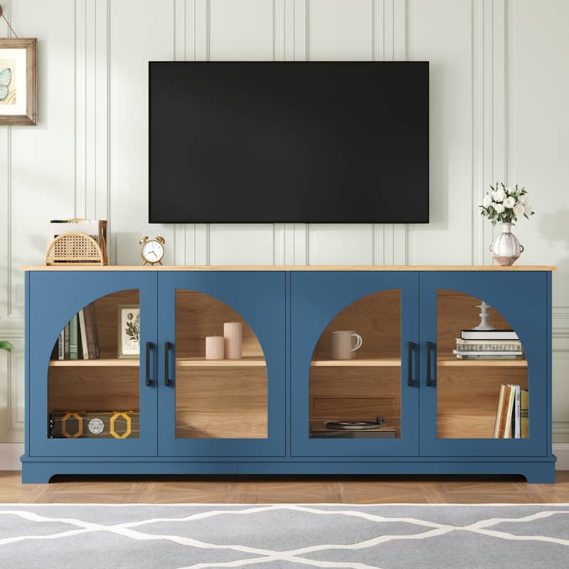 Farmhouse TV Stand with Semi-Arched Glass Doors for TVs Up to 70",Adjustable Shelves,Wood Grain Sideboard with Cable Management