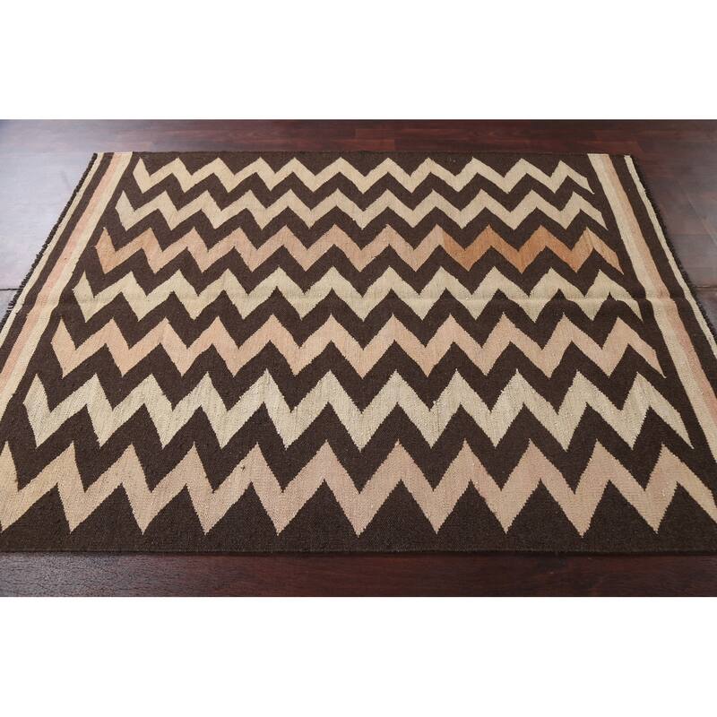 Chevron Style Kilim Natural Dye Wool Area Rug Flat-weave Foyer Carpet - 5'2" x 6'11"