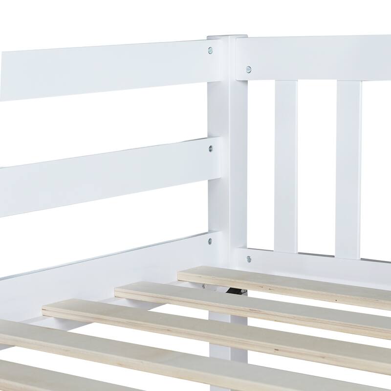 Convertible Full Over Full Rubber Wood Bunk Bed with 2 Drawers, Ladder, and Safety Guardrails, White