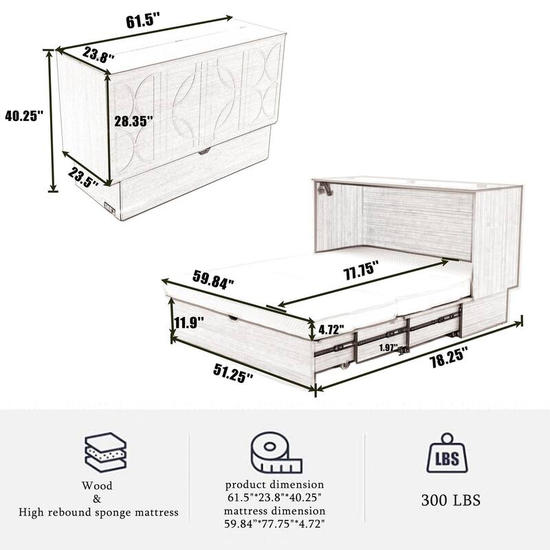 Queen Size Murphy Bed Cabinet with Storage Drawer, Folding Foam Mattress, USB & AC Charging Ports, and Smooth Glide Mechanism