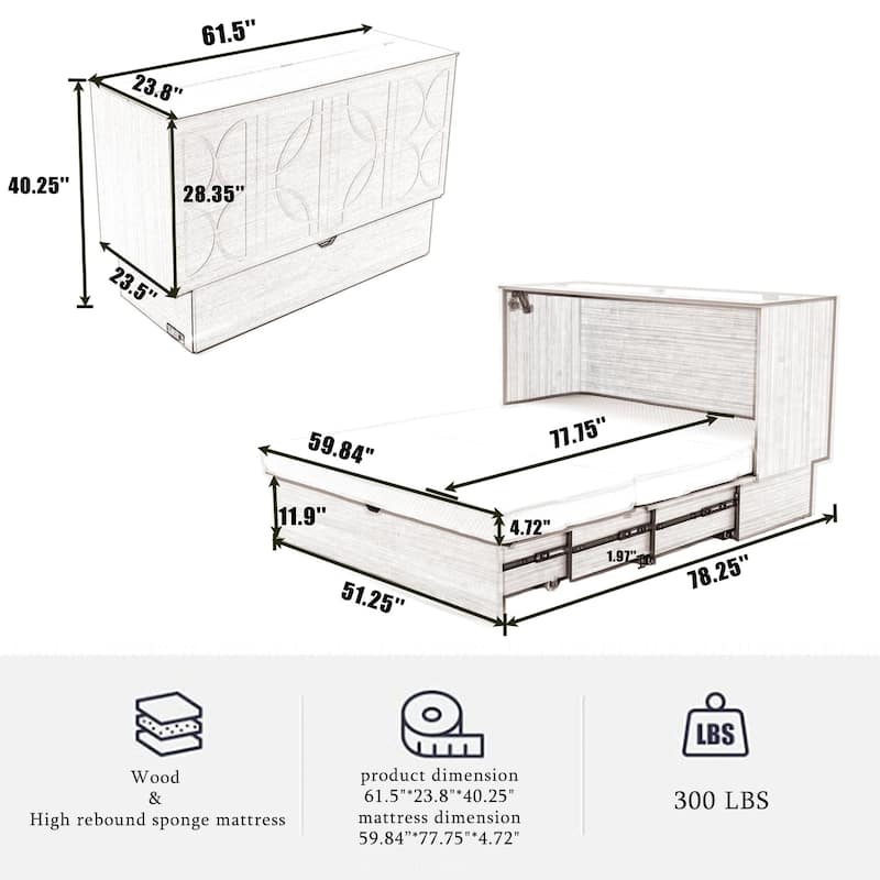 Queen Size Murphy Bed Chest with Storage Drawers, Wood Folding Wall Platform Bed Frame with Charging Station, Mattress Included