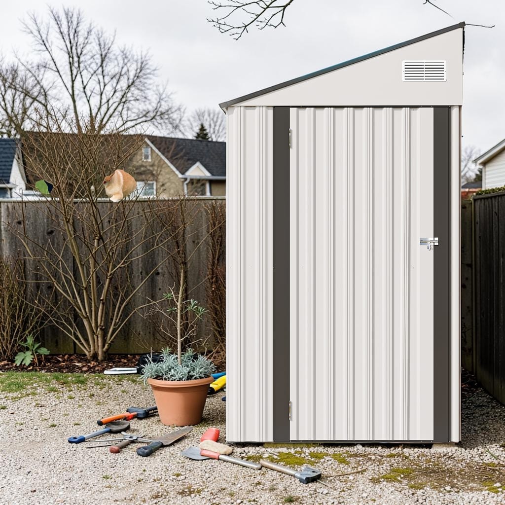 4x8 FT Metal Storage Shed with Hinged Door, Sloped Roof, Vent Window Outdoor Garden Tool Shed