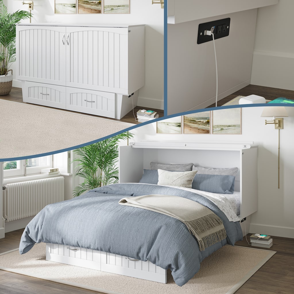 Nantucket Queen Murphy Bed Chest with 6" Mattress, Storage Drawer & Built-In Charger in White