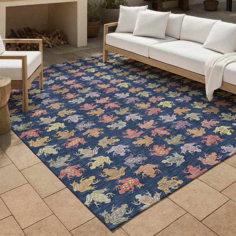 Machine Washable Indoor/ Outdoor Modern Frogs Chantille Rug - Navy - 8' x 10'