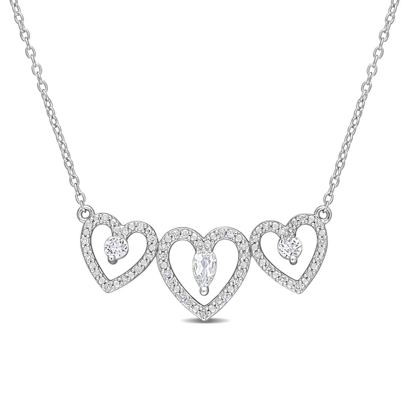 Miadora White Topaz and 1/5ct TDW Diamond Accent Triple Heart Station Necklace in Sterling Silver
