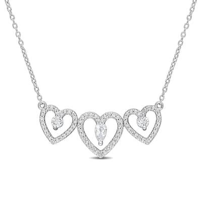Miadora White Topaz and 1/5ct TDW Diamond Accent Triple Heart Station Necklace in Sterling Silver