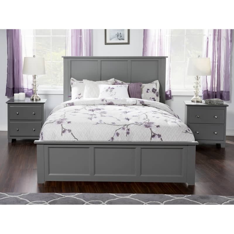 King Size Platform Bed with Footboard & Charger - Low Profile Solid Wood Bed Frame - Grey Finish