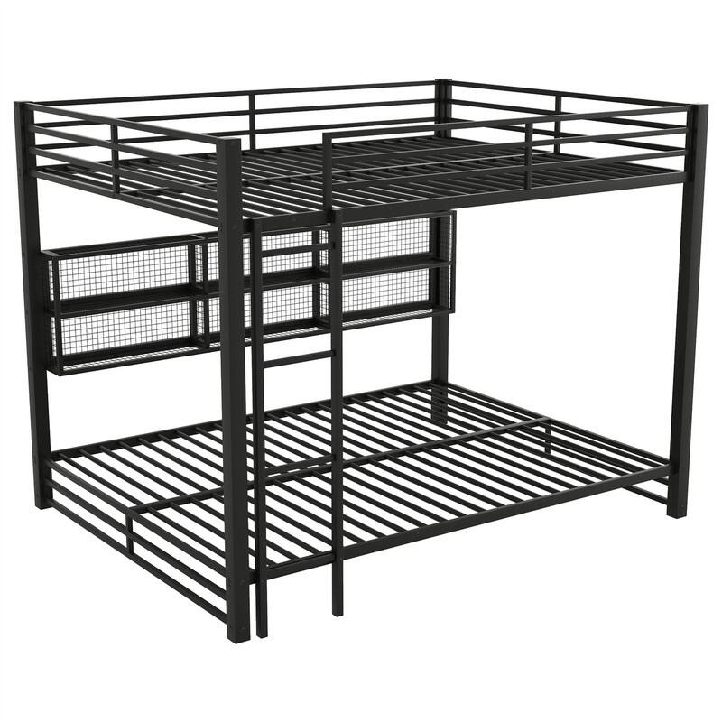 Queen Over Queen Size Bunk Bed with LED Light and Storage Cabinets, Metal Bunk Bed with Storage Shelves, Ladder and Guardrail