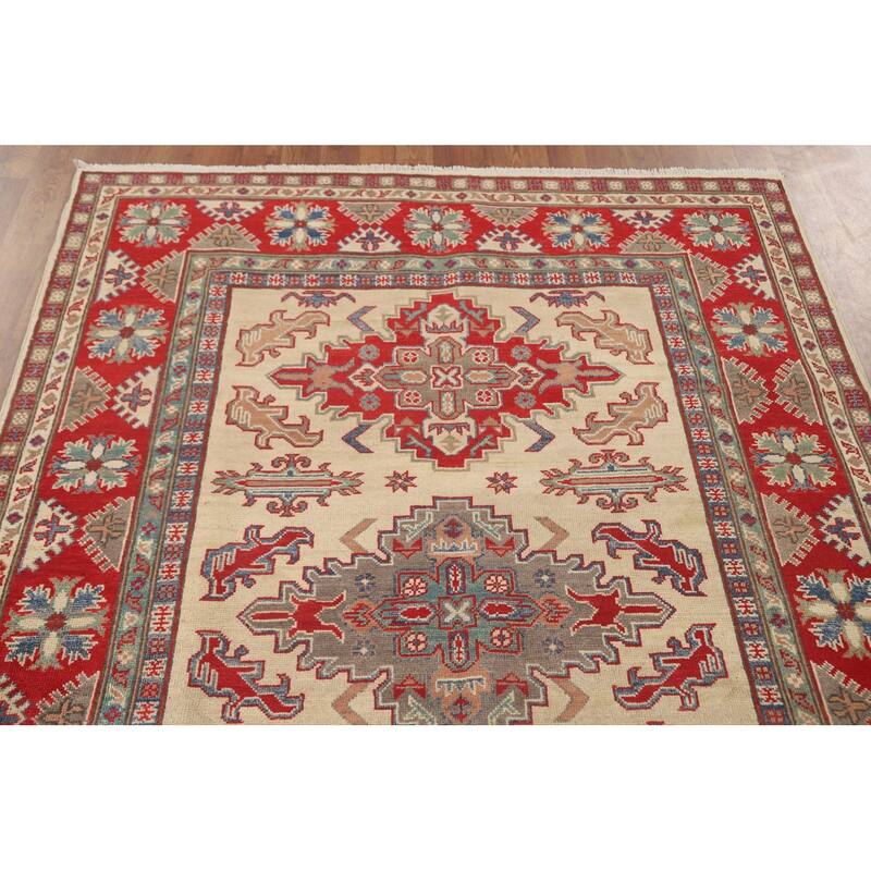 Geometric Kazak Area Rug Handmade Beige Wool Carpet - 4'10" x 6'6"