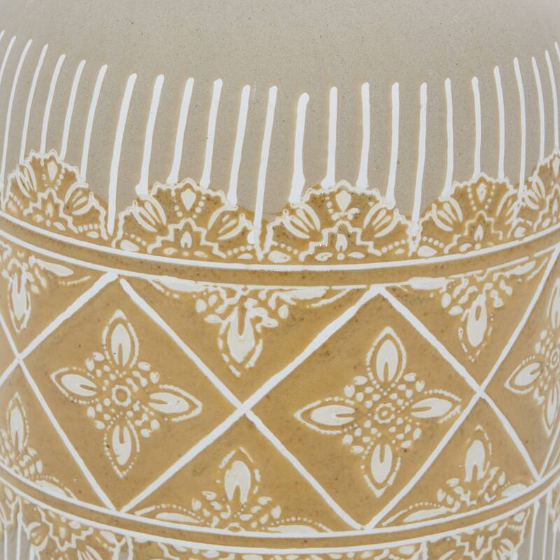 Beige Ceramic Handmade Floral Decorative Vase with Diamond Pattern (Set of 2)