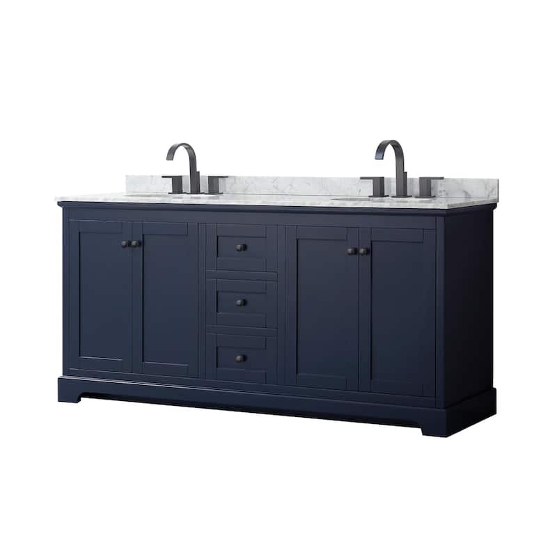 Wyndham Collection Avery 72" Free Standing Double Basin Vanity Set - Dark Blue / White Carrara Marble Top / Matte Black - Painted