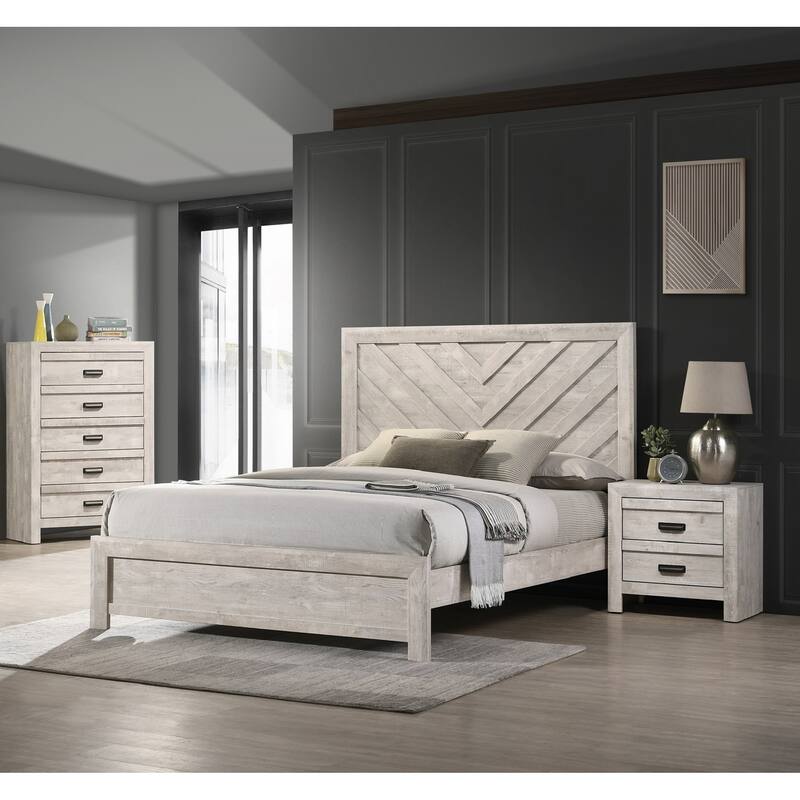 Queen Size Wooden Platform Bed with Geometric Chevron Pattern Headboard