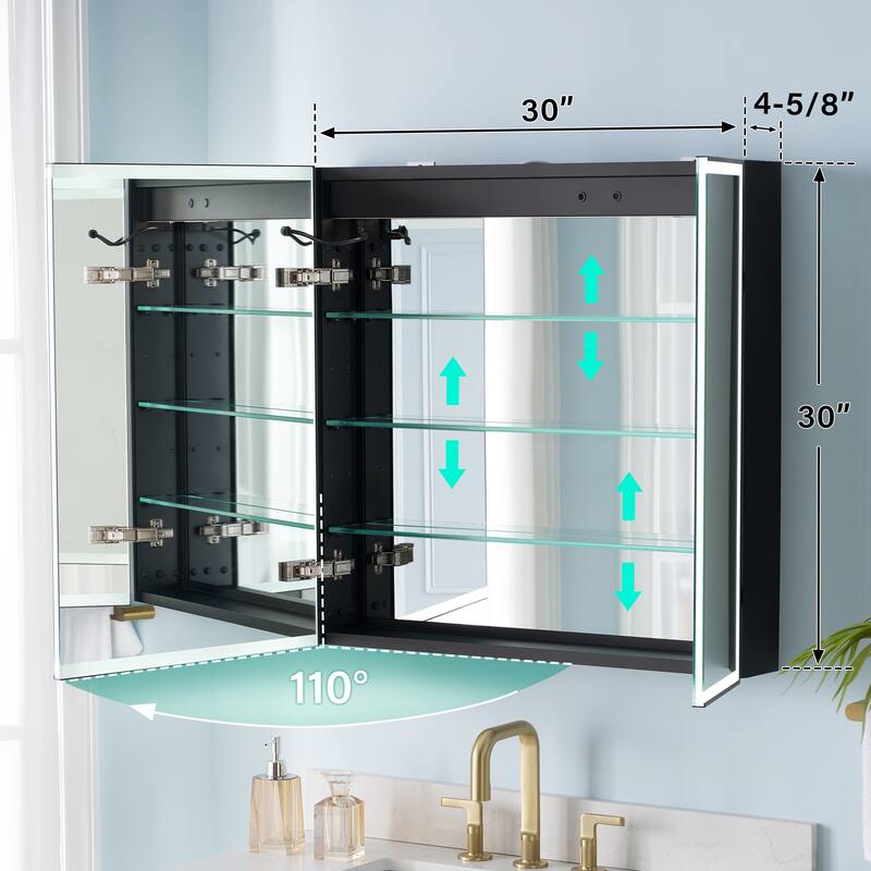 30'' H Recessed Or Surface Wall Mounted LED Mirror Cabinet With Mirror And Adjustable Shelves,Black Frame - 30"W X30"H,Dual Open