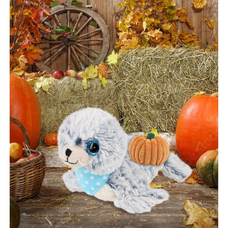 DolliBu Super Soft Plush Sea Lion Stuffed Animal with Pumpkin Decor - 8 inches