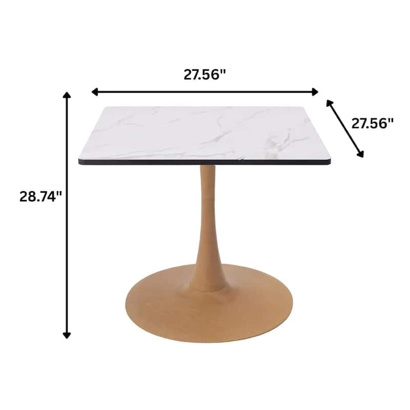 Bristol 27" Square Dining Table with Marbled White MDF Top and Steel Pedestal Base for Modern Kitchen and Dining Room - 27 in.