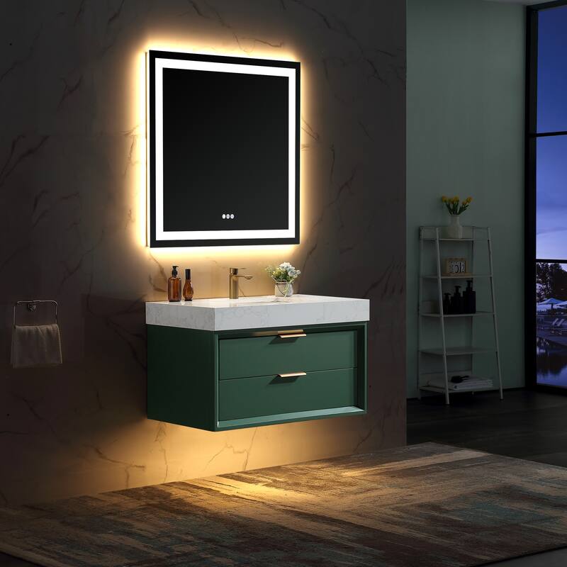 36/48/60 Modern LED Floating Bathroom Vanity with Single/Double Sink & Soft-Close Drawers & Waterproof, Green