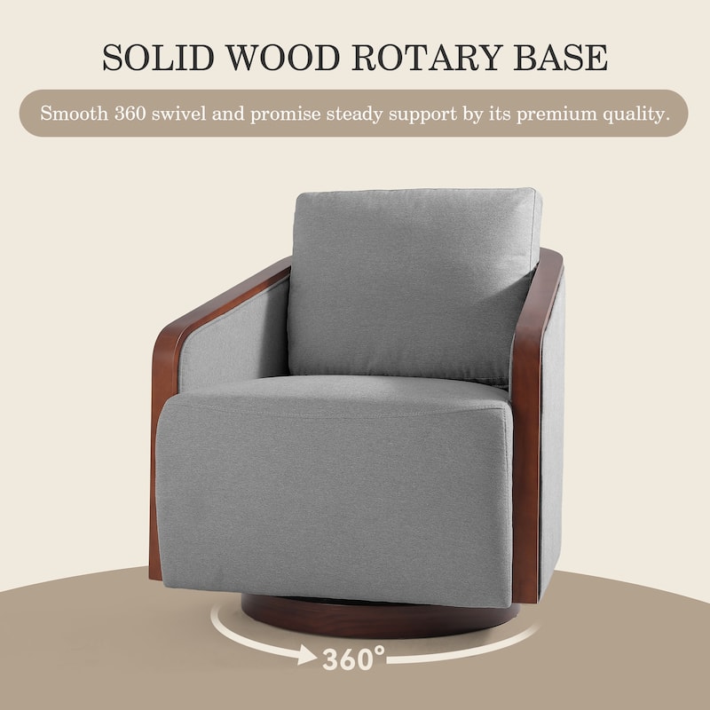 Upholstered Swivel Barrel Chair with Curved Wood Arms
