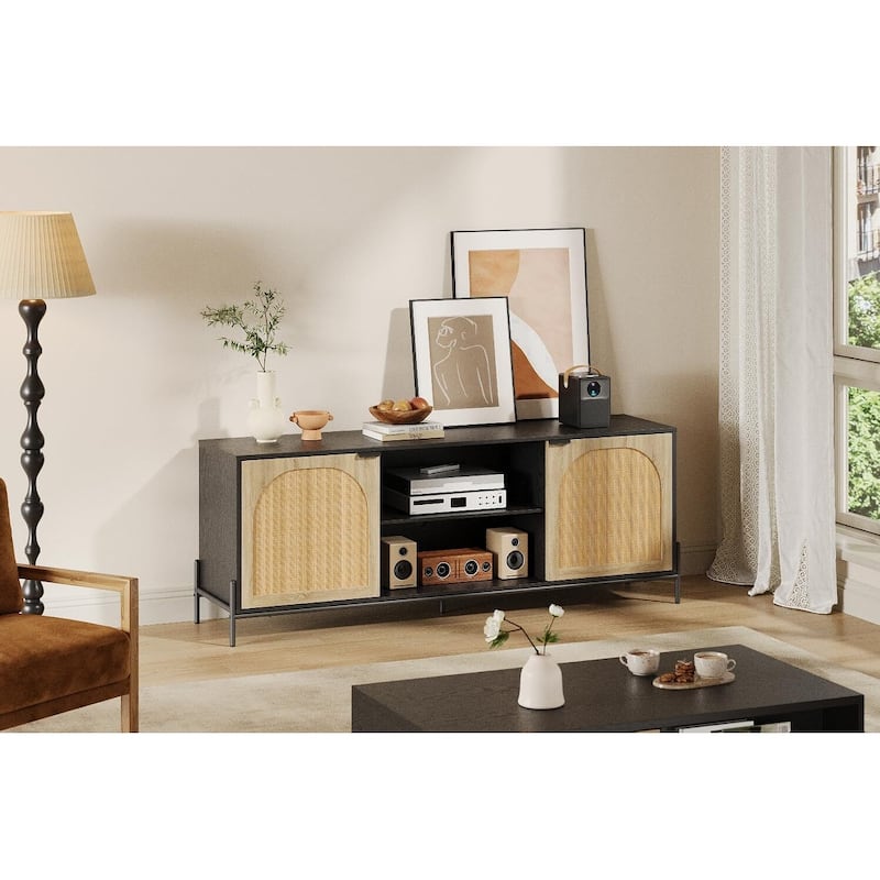 Rattan TV Stand for 65 Inch TV - Black_65"