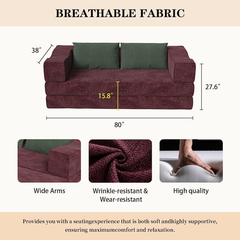 80" Convertible Sofa Bed with 2 Pillows, 2-Seat Folding Floor Couch, Multifunctional Chenille Loveseat Living Room Sleeper Sofa
