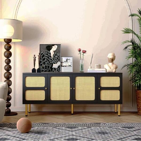 Boho Rattan TV Stand, Accent Storage with Rattan Doors