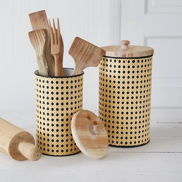slide 1 of 1, Set of Two Open Weave Cane Containers - Largest 6½'' dia. x 11''H