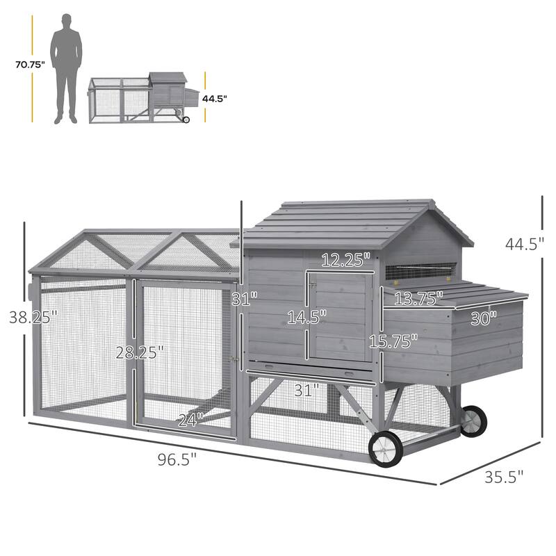 Grey Fir Wood Chicken Coop with Outdoor Run, Nesting Box and Wheels