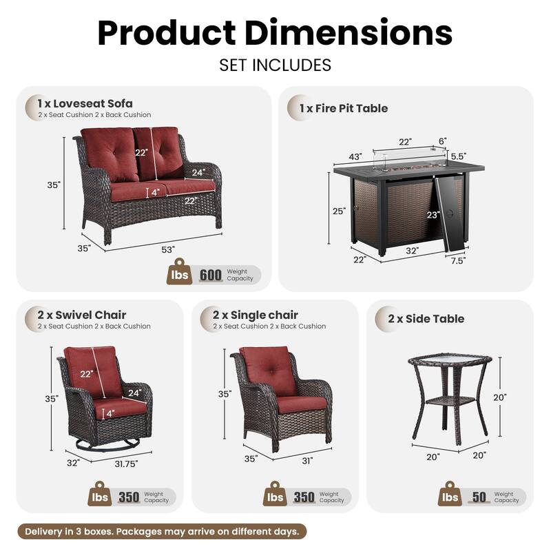 Gymojoy 8-Piece Outdoor Wicker Patio Furniture Set with Swivel Glider Rocker & 55,000 BTU CSA Propane Fire Pit