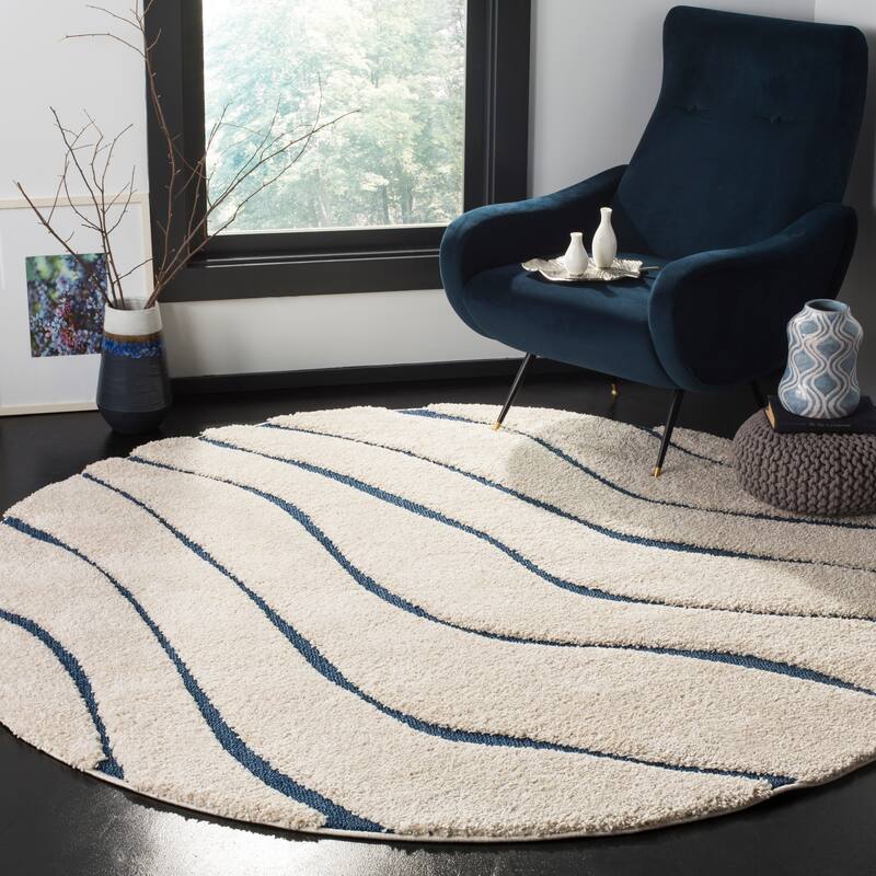 SAFAVIEH Florida Shag Borbala Soft Serene Waves 1.2-inch Thick - 6'7" x 6'7" Round - Cream/Blue - Round