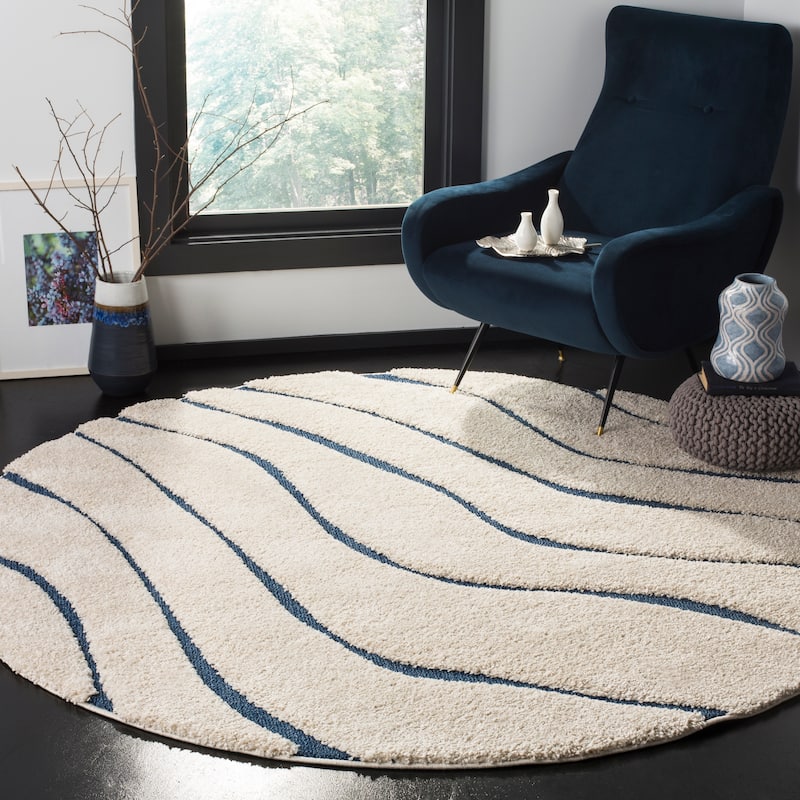 SAFAVIEH Florida Shag Hervor Soft Serene Waves 1.2-inch Thick Rug - 5' Round - Cream/Blue - Round