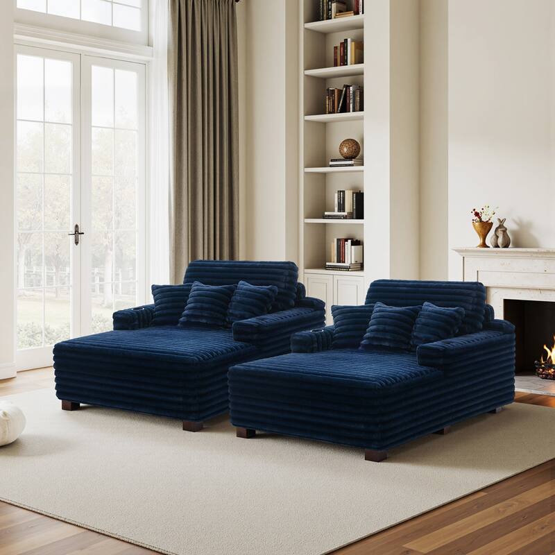 53"W Oversized Plush Fur-Like Chaise Lounge Sofa with Cup Holder