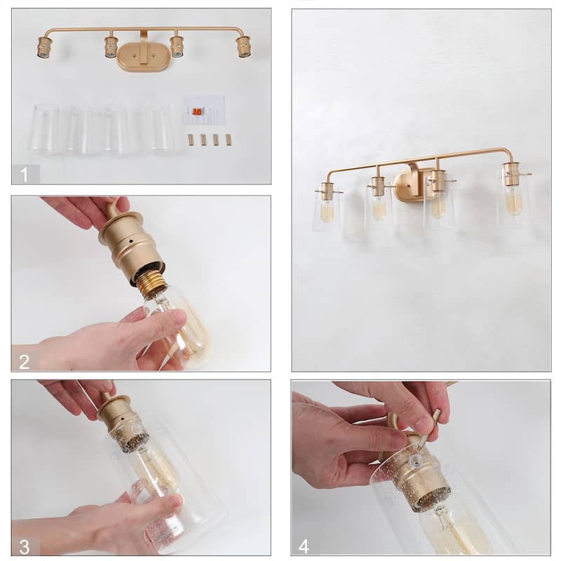 Modern Gold 4-Light Bathroom Vanity Lights Seeded Glass Wall Sconces - L31"xW5.5"xH9"