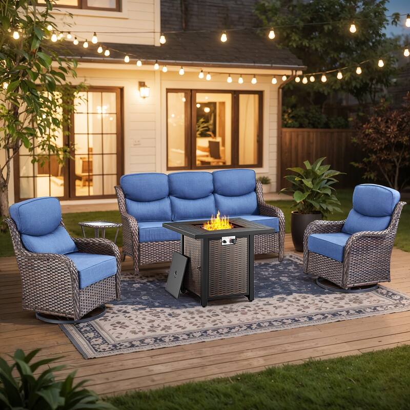 Pocassy 30 Inch Fire Pit Table with Sofa Swivel Chair Set - Blue Cushion Brown Wicker - 5-Piece Sofa Siwvel Chair Table w/ Fire Pit Table