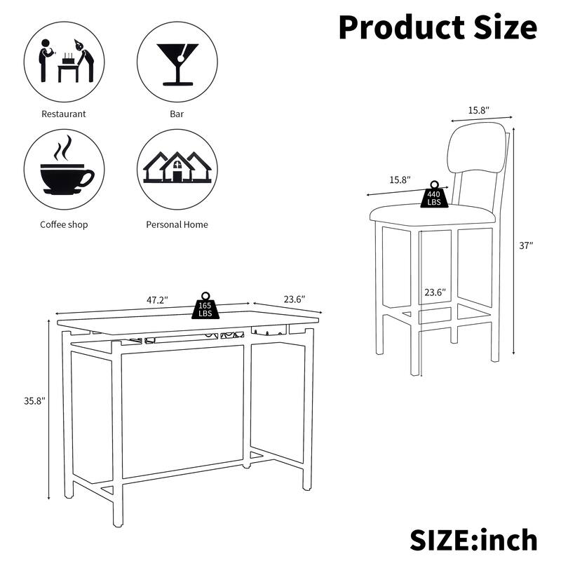 Kitchen Dining Table Chair Set, 3 Piece Counter Height Table Set with Storage Shelves and 2 Upholstered Chairs