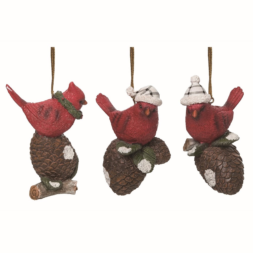 Transpac Resin Red Christmas Cardinal on Pinecone Ornaments Set of 3