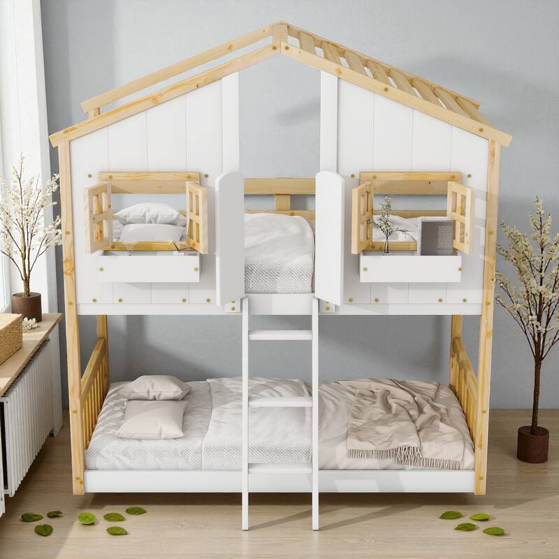 Twin Over Twin Wooden House Bunk Bed with Roof, Windows, Door, and Ladder, Kids Playhouse Bed with Guardrails - Natural White - Twin