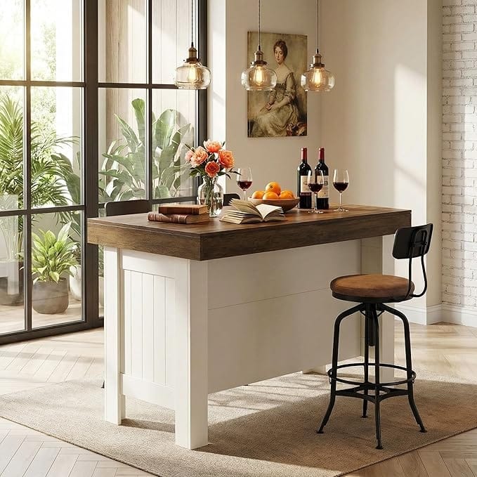 55" Two-Tone Farmhouse Kitchen Island with Storage & Wood Top