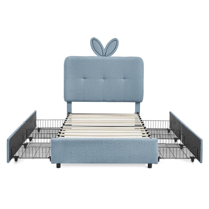 Kids Boucle Upholstered Bed with Rabbit Ear Headboard, LED Music Sync & 4 Drawers