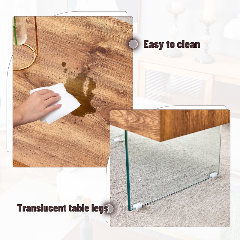 Living Room Dining Table Accent Table with Wood Grain Top, Square Coffee Table with Tempered Glass Legs
