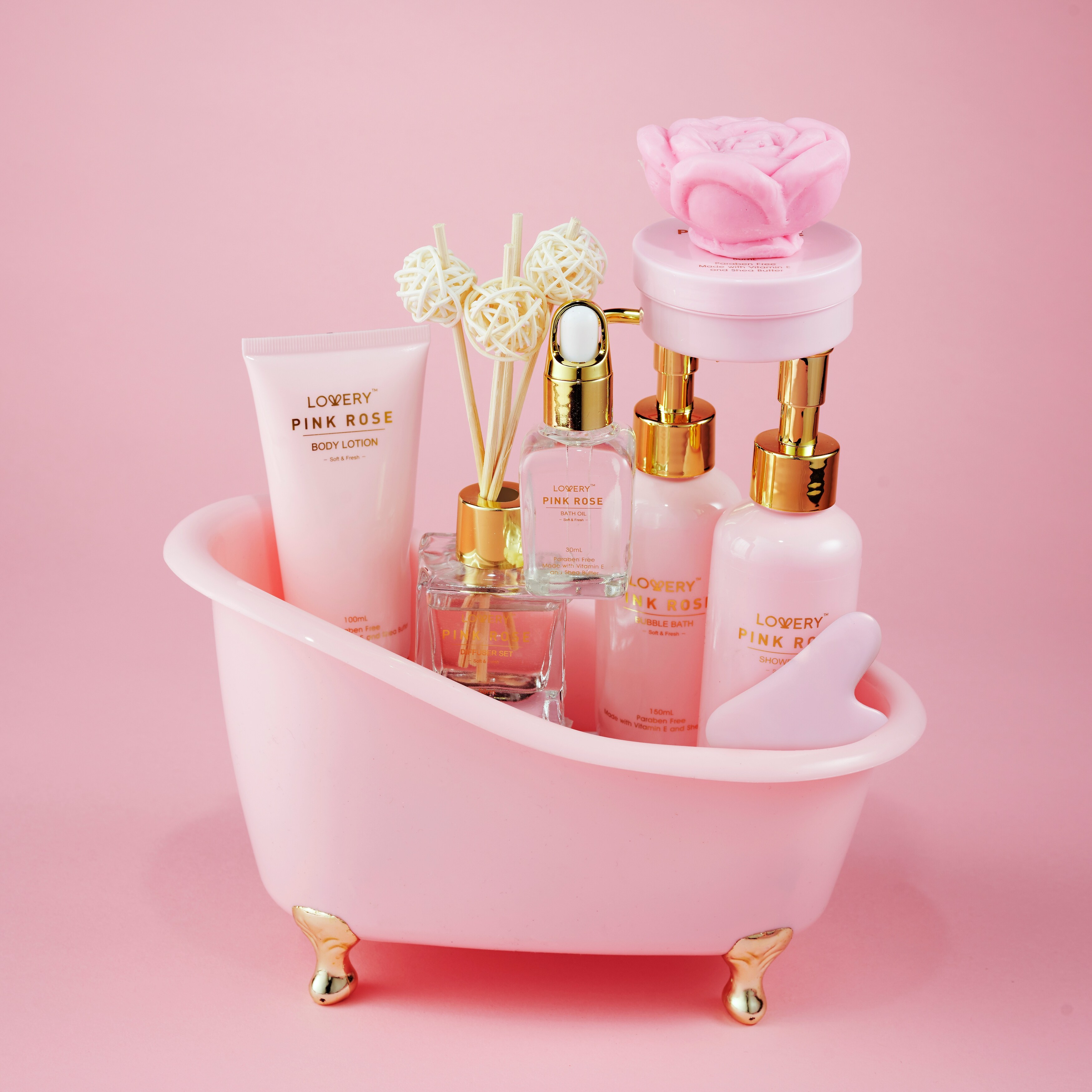 Luxury Spa Kit 18pc Pink Rose Relaxing Basket with Perfumes Gua