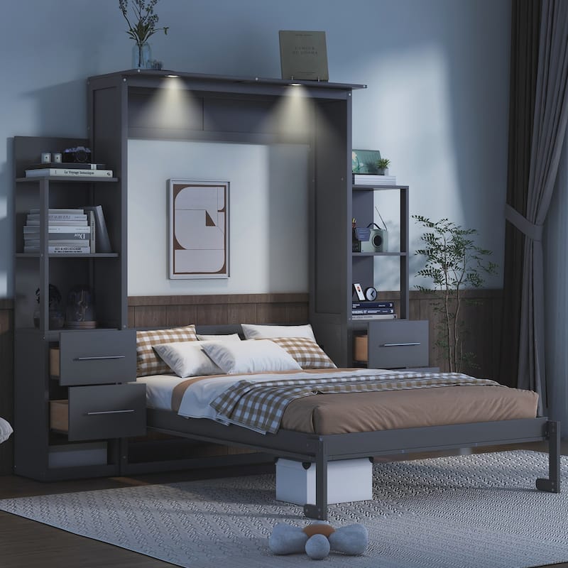 Full Murphy Bed with Shelves, Drawers, LED Lights - Grey