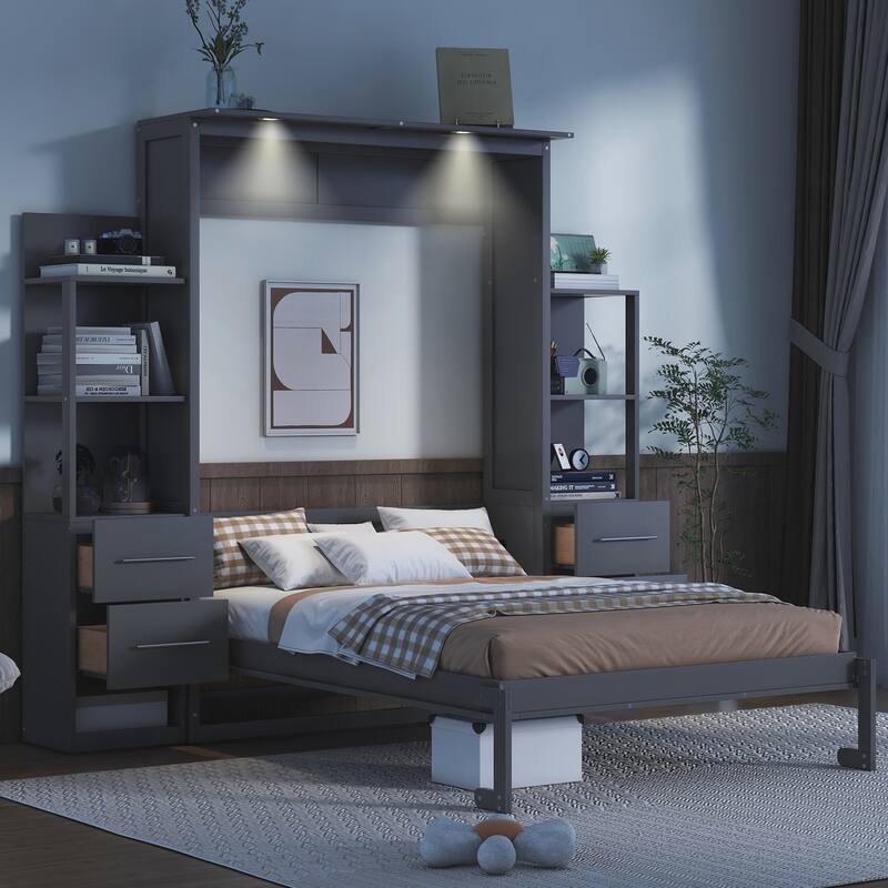 Space-Saving Full Size Wall Bed with Shelves, Drawers, and LED Lights
