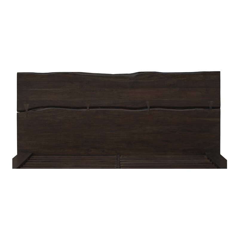 NADAAL STUDIOS Sterling Brown Solid Acacia Queen Platform Bed with Organic Edge Headboard and Steel Legs