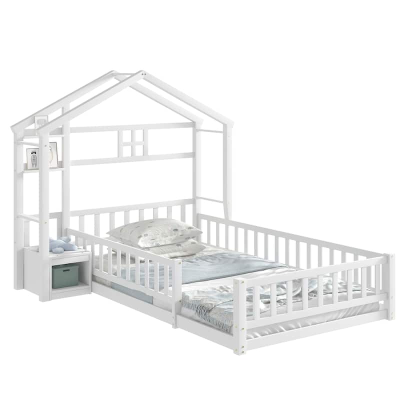 Twin Size Pine Wood House-Style Bed with Fence, No Cushion