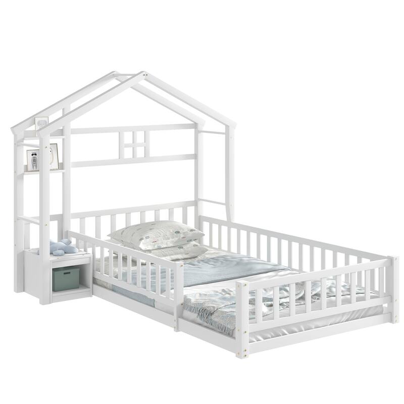Twin Size Pine Wood House-Style Headboard Floor Bed with Fence Guardrails without cushion