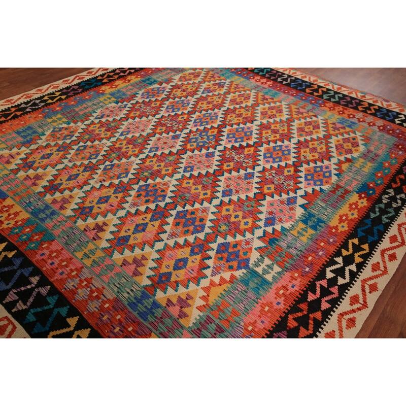 Reversible Kilim Area Rug Bedroom Hand-Woven Wool Carpet - 8'5" x 9'10"